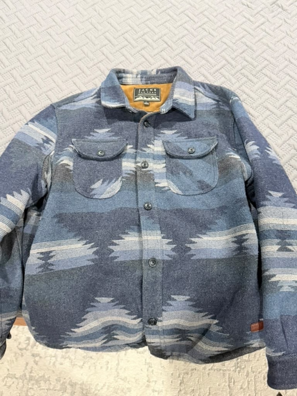 Jachs Men’s Blue and Light Gray Patterned Button-Down Shirt Jacket